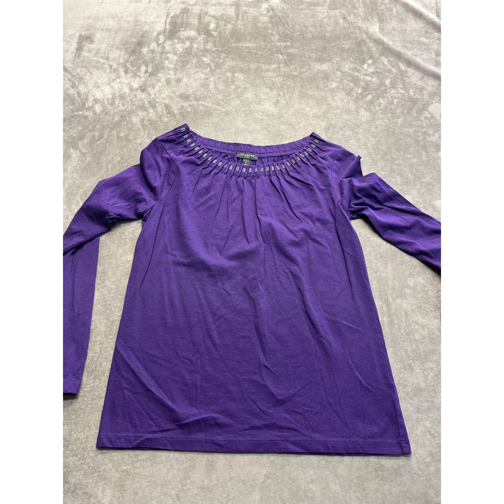 Talbots Petites Purple Beaded Pleated Neck Long‎ Sleeve Knit Top Blouse P